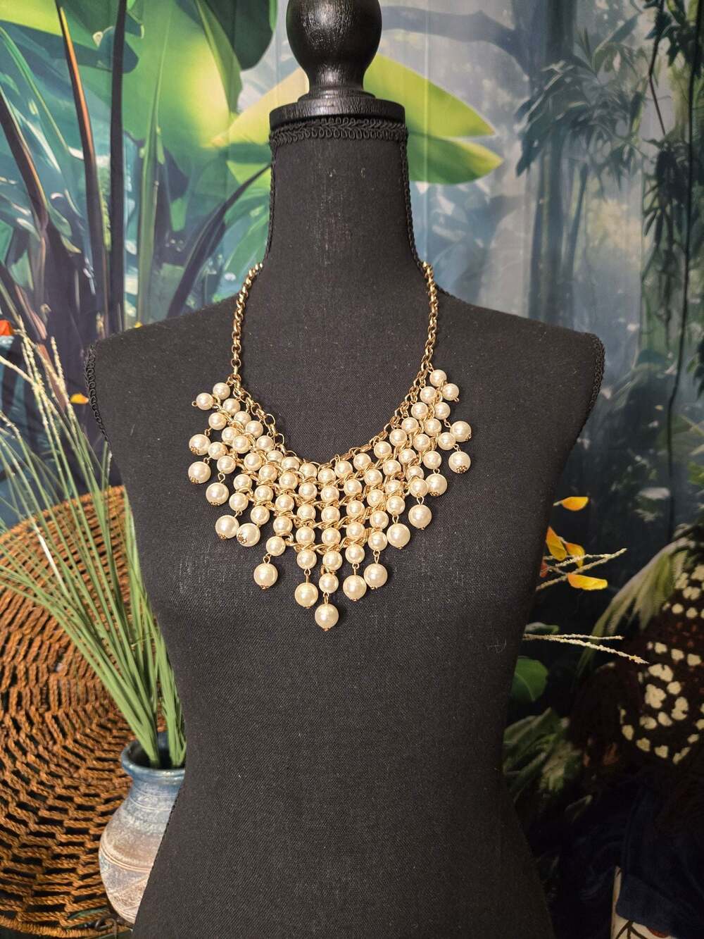Multi-Strand Faux Pearl Statement Bib Necklace with Gold Tone Chain